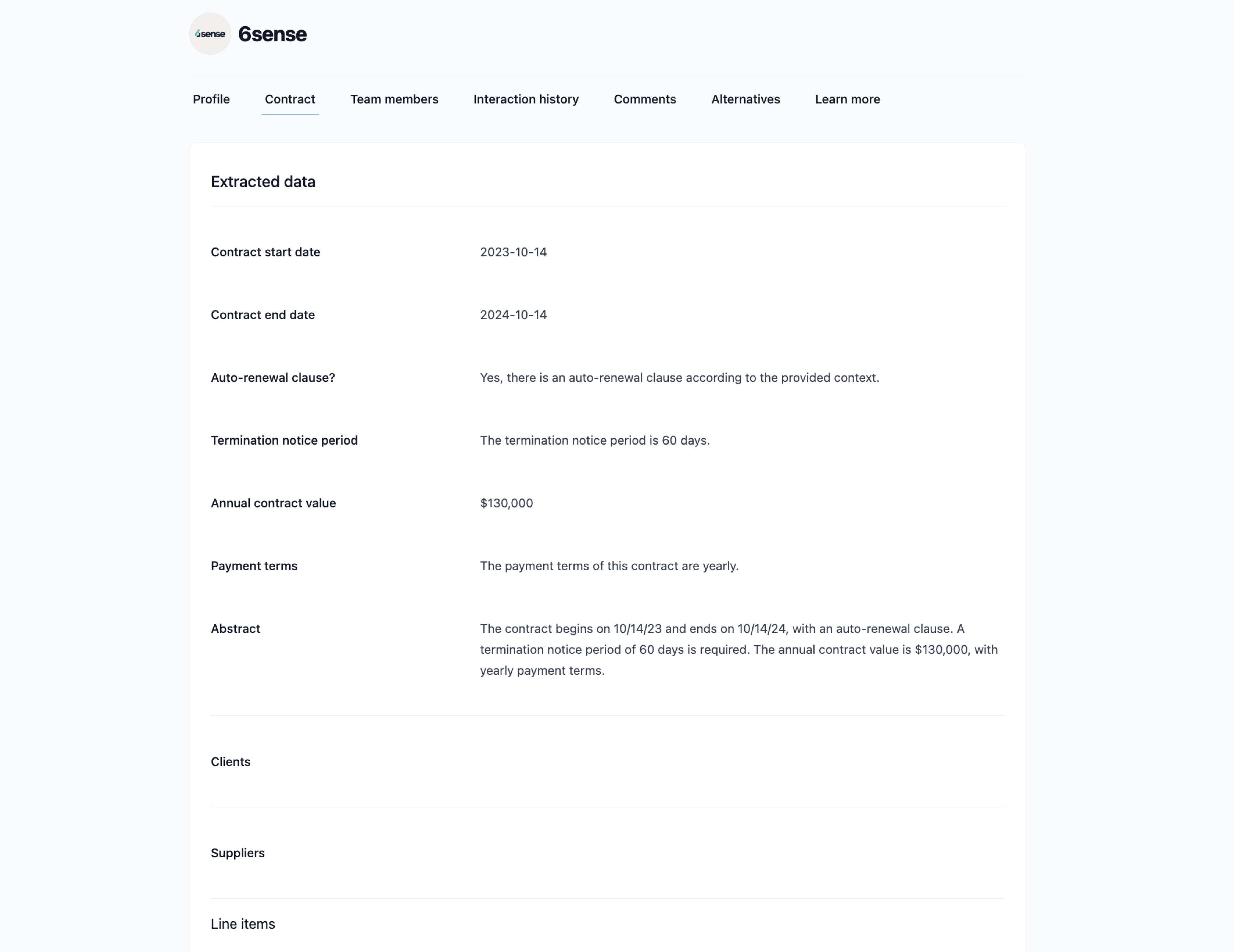 AI contract data extraction: Extracted information includes start date, end date, auto-renewal clause, term and more.